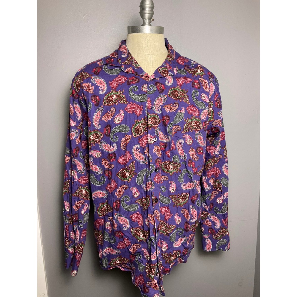 Alan Flusser Mens XL Paisley Button Down Shirt Purple Long Sleeve Cotton